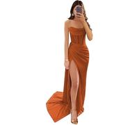 Raso Prom Dresses senza spalline increspato abito di sfera corsetto sirena con fessura abito da sera formale, Arancione bruciato, L