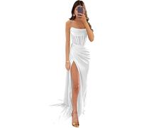 Raso Prom Dresses senza spalline increspato abito di sfera corsetto sirena con fessura abito da sera formale, bianco, 6XL plus