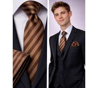 Raso Righe 2PC Set Marrone Uomo Cravatta E Fazzoletto Sposo Matrimonio Formale