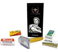 Rasoio di Sicurezza a Doppio Filo Caesar Gold di Roman Empire Shaving | Rasoio Classico | Safety Razor | Rasoio in Acciaio con Set di 20 Lamette da Barba (Astra-Derby-Shark-Treet)