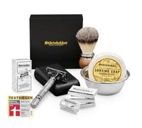 Rasoio di Sicurezza in astuccio in pelle fatto a mano - Set di rasatura effetto vintage - Include pietra di allume, pennello da barba, sapone da barba e ciotola da barba