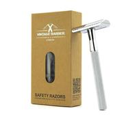 Rasoio di sicurezza per rasatura, delicato sulla pelle e sulla testa, posizionamento innovativo della lama, 0 rasoi per uomini e donne, stile elegante in metallo, grigio argento ed ecologico. VINTAGE