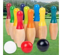 RASTKY Set da Gioco da Bowling in Legno per Bambini e Adulti, per Interni Ed Esterni, con 10 Birilli e 3 Palline, Gioco Portatile con Birilli in Legno per Lo Sviluppo delle capacità Motorie e
