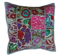 Rastogi Handicrafts Cuscino Patchwork Fatto a Mano, Cuscino Decorativo Patch Sari Cuscino Etnico Indiano Copricuscini Ricamati Patchwork Sari Copricuscino (GRIGIO)
