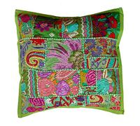 Rastogi Handicrafts Federa copricuscino decorativa in patchwork fatto a mano, cuscino stile sari, federa etnica indiana con motivo patchwork ricamato (VERDE CHIARO)