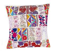 Rastogi Handicrafts Federa copricuscino in patchwork fatto a mano, cuscino stile sari, federa per cuscino etnica indiana con ricamo patchwork sari (BIANCO)