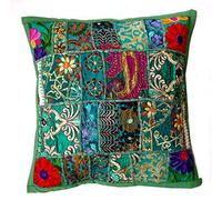 Rastogi Handicrafts Federa copricuscino in patchwork ricamato a mano, cuscino stile sari, federa etnica indiana con patchwork ricamato in sari (verde)