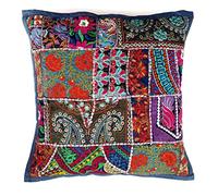 Rastogi Handicrafts Federa copricuscino in patchwork ricamato a mano, cuscino stile sari, federa etnica indiana con patchwork ricamato in sari (blu)