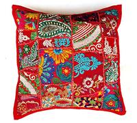 Rastogi Handicrafts Federa copricuscino ricamata in patchwork a mano, cuscino stile sari, federa etnica indiana, copricuscino ricamato in patchwork stile sari (rosso)