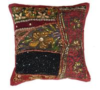 Rastogi Handicrafts - Federa decorativa per cuscino, in cotone ricamato, motivo patchwork, tradizionale indiano fatto a mano, colore: marrone