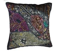 Rastogi Handicrafts - Federa decorativa per cuscino, in cotone ricamato, motivo patchwork, tradizionale indiano fatto a mano (nero)