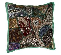 Rastogi Handicrafts - Federa decorativa per cuscino, in cotone ricamato, motivo patchwork, tradizionale indiano fatto a mano, colore: Verde