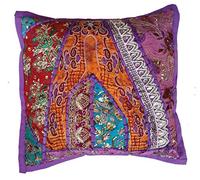 Rastogi Handicrafts - Federa decorativa per cuscino, in cotone ricamato, motivo patchwork, tradizionale indiano fatto a mano, colore: viola