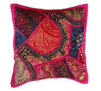 Rastogi Handicrafts - Federa decorativa per cuscino, in cotone ricamato, motivo patchwork, tradizionale indiano fatto a mano, colore: rosa