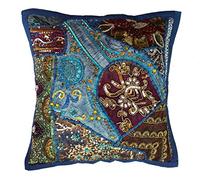 Rastogi Handicrafts - Federa decorativa per cuscino, in cotone ricamato, motivo patchwork, tradizionale indiano fatto a mano, colore: blu scuro