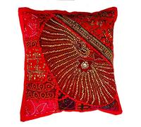Rastogi Handicrafts - Federa decorativa per cuscino, in cotone ricamato, motivo patchwork, tradizionale indiano fatto a mano (rosso)