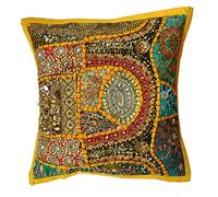 Rastogi Handicrafts - Federe decorative per cuscini, in cotone ricamato, patchwork, cuscino in stile indiano, fatto a mano (GIALLO)