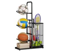 Rastrelliera da Basket Supporto da Basket a 3 Livelli in Acciaio al Carbonio con Cestino Laterale Gancio Staccabile Poggiapiedi Regolabile Conservazione della Palla per Calcio Baseball Racchetta da