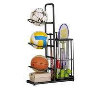 Rastrelliera da Basket Supporto da Basket in Acciaio al Carbonio a 3 Livelli con Cestino Laterale Gancio Staccabile Poggiapiedi Regolabile Conservazione della Palla per Calcio Baseball Racchetta da