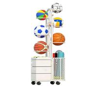 Rastrelliera for Racchette da Tennis, Espositore mobile for racchette da badminton, cestino for palline rimovibile, for basket e badminton(White)