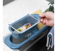 Rastrelliera retrattile regolabile per lavello con filtro dell'acqua e cestello di scarico per riporre gli stracci per lavare i piatti e ottimizzare il drenaggio del lavandino (blu)