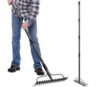Rastrello ad arco regolabile resistente da 124,5 cm, 2 in 1, a doppia testa, in acciaio, per raccogliere foglie, paglia di pino, paglia, rompere il terreno e livellare ghiaia