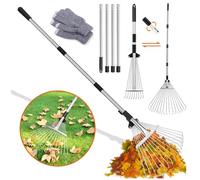Rastrello da giardino con asta in metallo regolabile da 2,15 m, scopa a ventaglio in metallo, scomparti per foglie, rastrello per la pulizia di piante, prati e cortili