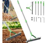 Rastrello in paglia per prato, 160 cm, manico regolabile, rastrello da giardino con 21 denti, rastrello da giardino largo 32 cm, rastrello per erba per allentare il suolo, prato, cortile, foglie