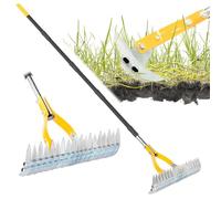 Rastrello in paglia per prato con manico da 188 cm, rastrello per dethatcher da 38,1 cm per erba per pulire l'erba morta, rastrello in acciaio efficiente per la dietatching, rastrelli di paglia