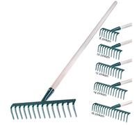 Rastrello KADAX in metallo, rastrello piatto con manico in legno, verde, 14 d...