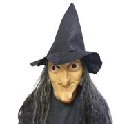 Ratdlyz Masco di vecchia strega verde spaventosa, demoni sorridenti, vecchia strega bianca, con capelli e cappello, travestimento da mago dell'orrore, coprivolto realistico