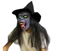 Ratdlyz Masco di vecchia strega verde spaventosa, demoni sorridenti, vecchia strega bianca, con capelli e cappello, travestimento da mago dell'orrore, coprivolto realistico