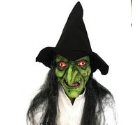 Ratdlyz Masco di vecchia strega verde spaventosa, demoni sorridenti, vecchia strega bianca, con capelli e cappello, travestimento da mago dell'orrore, coprivolto realistico