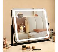 Ratsamee Specchio Trucco con Luci, 54X42cm Specchio da Tavolo LED, Specchio Ingranditore 10X Staccabile, 3 Temperature di Colore, Rotazione 360°, Controllo Tattile, Telaio in Metallo, Nero