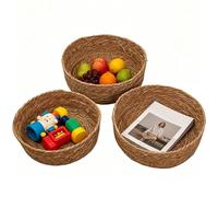 Rattan Baskets For Organizing - Natural Grass | 3 Pieces Woven Storage Boxes Set | Handmade Organizer Baskets For Toys Snacks Fruit Vegetable Eggs Flowers Kitchen Living Room Beach Outdoor Use