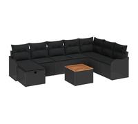 Rattan intrecciato design modulare salotto da esterno 9 pezzi nero | Set Divano da Giardino Modulare con Cuscino 9 pezzi Nero Poly Rattan per Terrazza ed Esterni con Tavolino e Sgabello