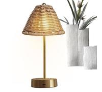 Rattan Portable Lamp - USB Charging Base, Woven Basket Shade, Warm LED Light, 3 Levels Dimmable Brightness, Metal Stand | Decorative Accent Fixture For Office Desk, Piano, Art Drawing, And Game Night