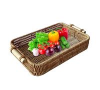 Rattan Serving Tray Rettangolo - Iron, 13,77 x 9,84 x 2,16in Woven Handled Tray Durable | Wicker Organizer Platter, Bathroom & Tabletop Serving Trays For Dining, Drinks, Home Decor, Kitchen Use