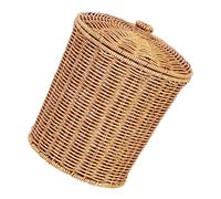 Rattan Waste Basket with Lid Portable Wicker Trash Can Round Plastic Trash Bin Woven Storage Basket Dirty Clothes Container for Living Room Bedroom Bathroom Kitchen Office