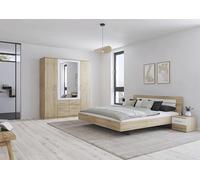 Rauch Möbel Burano - Camera da letto, in rovere Sonoma/bianco, composto da letto con superficie di appoggio 180 x 200 cm, con 2 comodini e armadio con ante girevoli, 181 x 212 x 58 cm