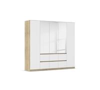 Rauch Möbel Mainz - Armadio con ante girevoli Sonoma in legno di rovere bianco, con specchio a 5 ante, 6 cassetti con pacchetto di accessori Basic 3 ripiani, 3 aste per vestiti, senza maniglie, 226 x