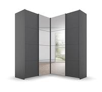 Rauch Möbel Quadra - Armadio angolare con ante sospese, 4 porte, con specchio, con 2 appendiabiti, 12 ripiani, 3 cassetti, 181 x 229 x 187 cm (L x A x P)