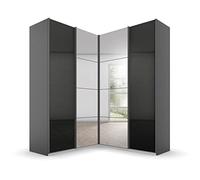 Rauch Möbel Quadra Armadio angolare con ante sospese, grigio metallizzato/grigio lucido, 4 porte, con specchio, con 2 appendiabiti, 12 ripiani, 181 x 229 x 187 cm (larghezza x altezza x profondità)