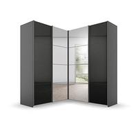 Rauch Möbel Quadra - Armadio angolare con ante sospese, grigio metallizzato lucido, 4 pezzi, con specchio, 2 appendiabiti, 12 ripiani, 181 x 210 x 187 cm