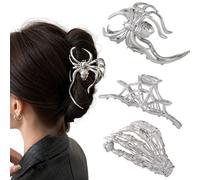 Rauimour Fermagli per capelli per donne e ragazze, 3 pezzi, scheletro, mano, ragnatela e grande ragno, punk, in lega di metallo, accessori per capelli, accessori decorativi per capelli spessi, regalo