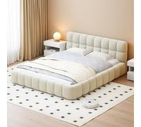 Ravas Letto imbottito, 140 x 190 cm, Bubble con rete a doghe e testiera, letto matrimoniale con schienale morbido e bordo imbottito, per adolescenti e adulti, senza materasso, tessuto di lino, beige