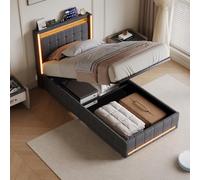 Ravas Letto imbottito 90 x 200 cm con vano portaoggetti, letto per ragazzi con LED e USB/tipo C, letto idraulico, letto singolo con rete a doghe, per adolescenti o ospiti, lino, grigio