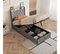 Ravas Letto imbottito da 90 x 200 cm, con LED e USB, struttura letto per ragazzi con rete a doghe, letto idraulico con vano portaoggetti sotto il letto e cassetti, letto singolo in velluto, grigio