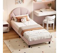 Ravas Letto imbottito per bambini, 90 x 200 cm, con rete a doghe, letto con testiera regolabile a forma di conchiglia, telaio per letto singolo, letto per ragazzi per la cameretta dei bambini, tessuto