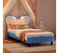 Ravas Letto imbottito per bambini, 90 x 200 cm, letto da bambina con LED, letto singolo con testiera regolabile, letto da principessa per la cameretta dei bambini, blu farfalla